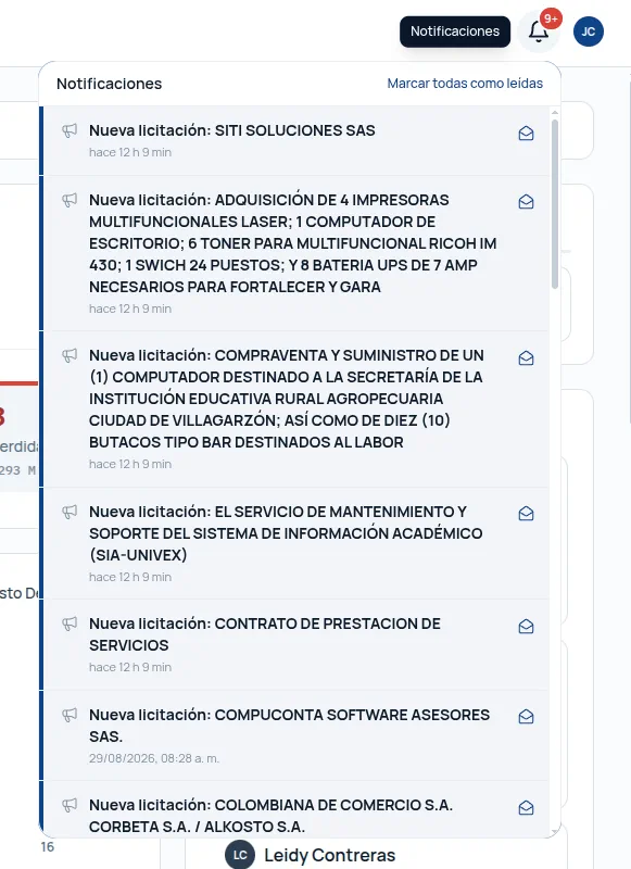 La campana de avisos en ContRadar, con las licitaciones nuevas que encontró la búsqueda